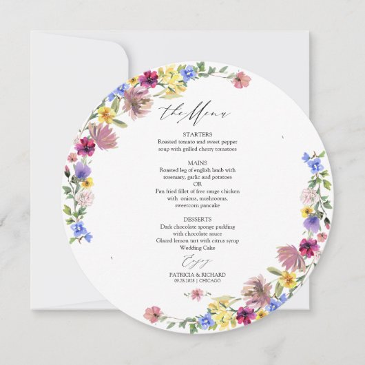 Carte de menu du Mariage Fleur sauvage Boho Circle (Devant)
