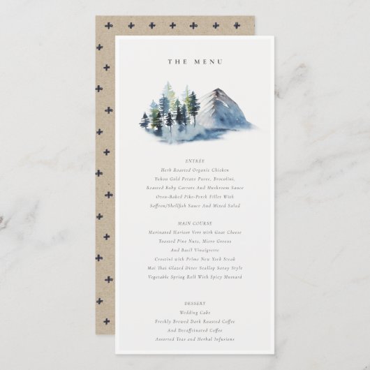 Carte de menu du Mariage Green Blue Pine Woods Mou (Devant / Derrière)