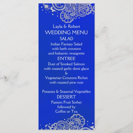 Carte de menu du Mariage indien Royal Blue Silver (Devant)