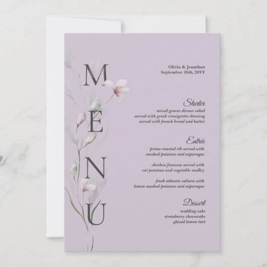 Carte de menu du Mariage violet botanique 5x7" (Devant)