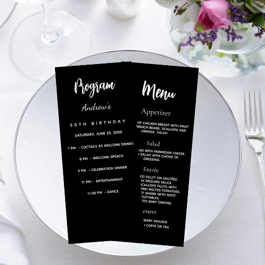 Carte de menu du programme d'anniversaire noir