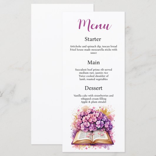 Carte de menu du thème du livre Hydrangea (Devant / Derrière)