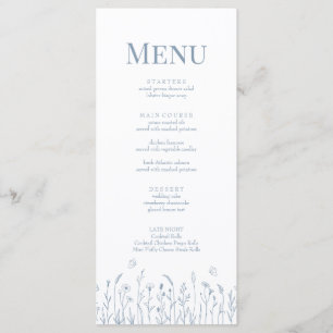 Carte de menu Dusty Blue Fleur sauvage et Butterfl