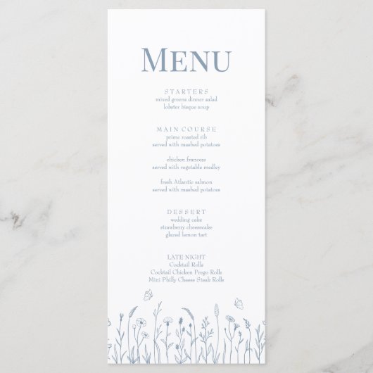 Carte de menu Dusty Blue Fleur sauvage et Butterfl (Devant)
