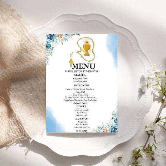 Carte de menu Elégant Blue Floral 1st Communion Pa