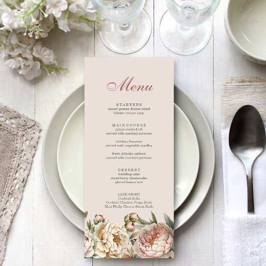Carte de menu Elegant Blush Watercolor Peonies