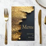 Carte de menu Elegant parties scintillant Gold et<br><div class="desc">Cette superbe carte de menu présente une texture luxueuse de feuille d'or associée à un arrière - plan noir élégant et à une élégante typographie d'or. Idéal pour les mariages, les banquets ou les dîners formels, ce design s'inscrit parfaitement dans des thèmes haut de gamme et modernes. Montrez le menu...</div>