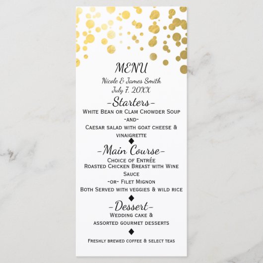 Carte de menu élégante avec confettis blanc et or (Devant)