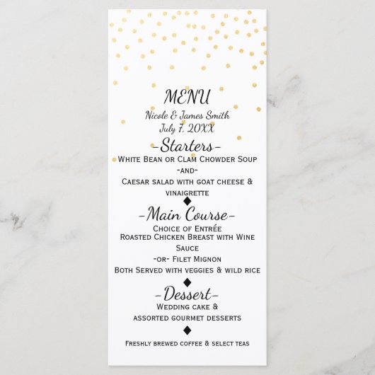 Carte de menu élégante avec confettis dorés petits (Devant)