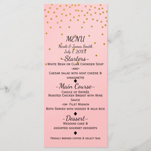 Carte de Menu Élégante Confettis Dorés Petits Rose (Devant)