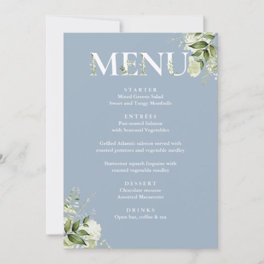 Carte de menu élégante fleurs verdure bleu poussié (Devant)