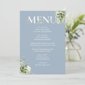 Carte de menu élégante fleurs verdure bleu poussié (Debout devant)