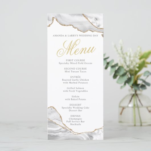 Carte de menu en agate blanche et or (Debout devant)
