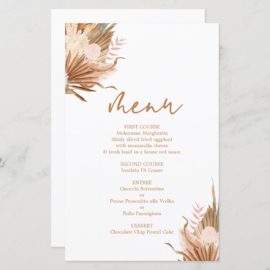 Carte de menu en terre cuite aux palmes séchées (Devant / Derrière)