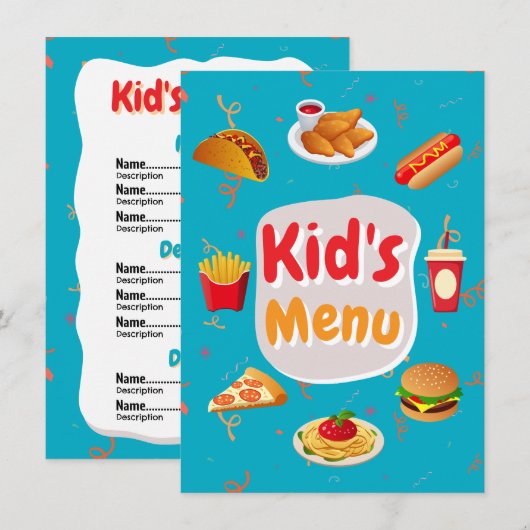 Carte de menu enfant de restaurant (Devant / Derrière)