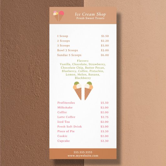 Carte de menu et de prix pour glace