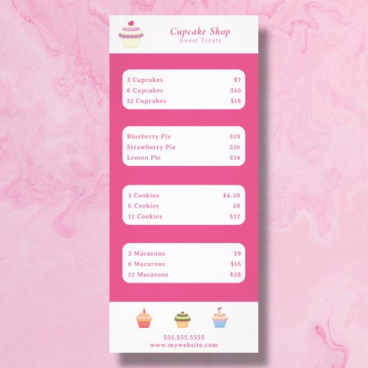 Carte de menu et de prix rose pour Cupcake