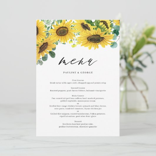 Carte de menu Eucalyptus Sunflower Watercolor (Debout devant)