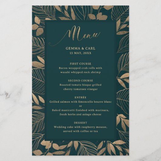 Carte de menu Exotic Gold Foilage Border Mariage (Devant)