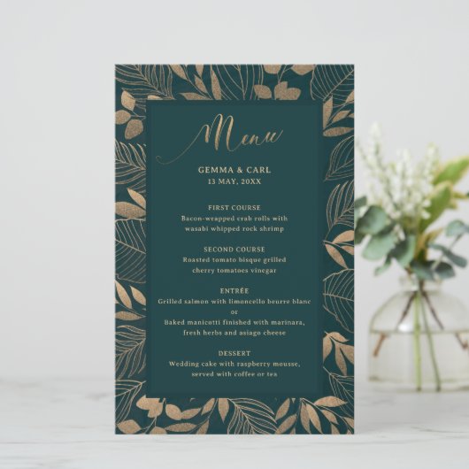 Carte de menu Exotic Gold Foilage Border Mariage (Debout devant)
