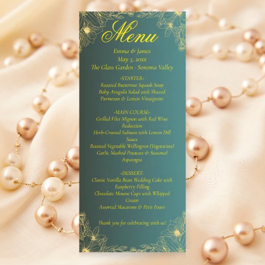 Carte de menu Fancy Green and Gold Floral Mariage
