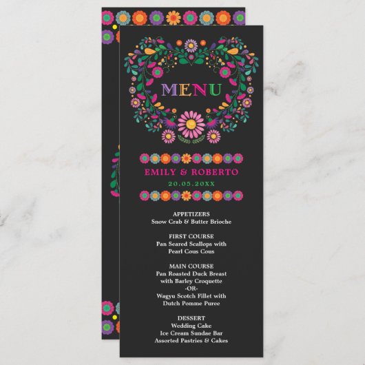 Carte de menu Fiesta Mariage Floral mexicain (Devant / Derrière)