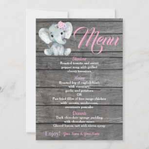 Carte de menu Fille Eléphant pour Baby shower anni