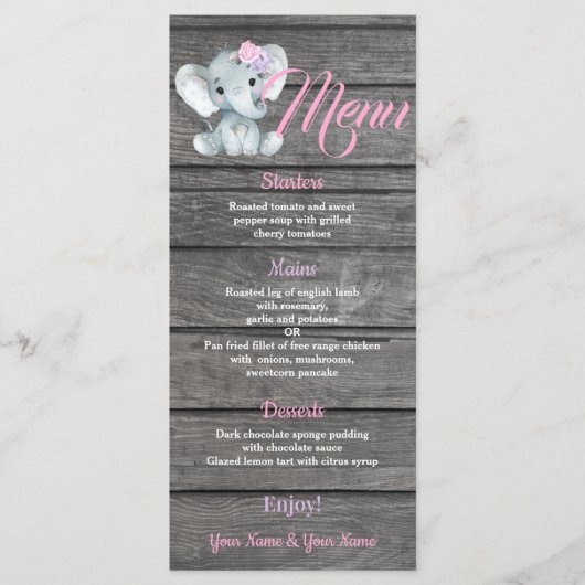 Carte de menu Fille Eléphant pour Baby shower anni (Devant)