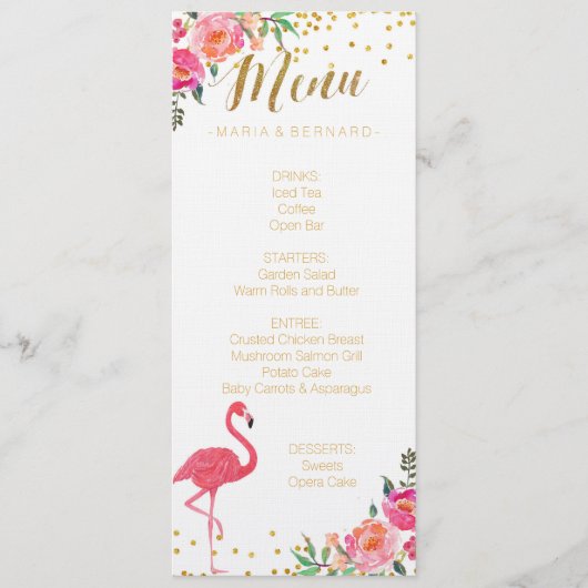 Carte de menu Flamant rose Mariage Gold (Devant)
