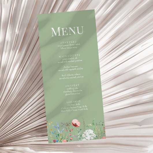 Carte de menu Fleur sauvage vert Sage Mariage