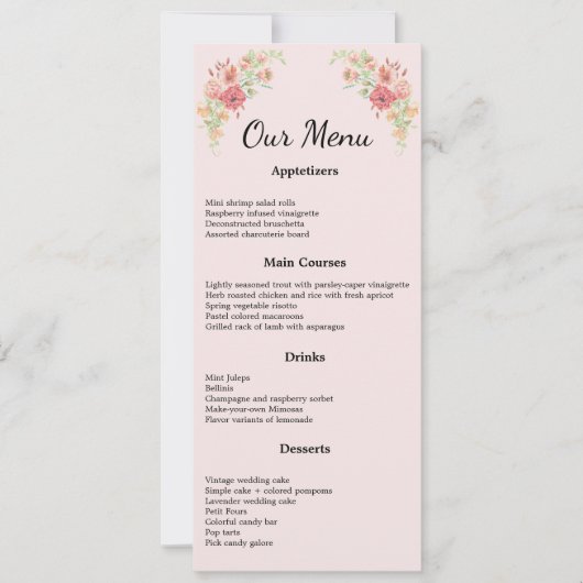 Carte de menu Fleurs d'aquarelle Boho rose (Devant)
