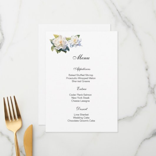 Carte de menu floral Gardenia (Devant/Arrière en situation)