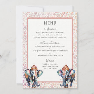 Carte de menu Floral Indien Mariage Elephant Récep