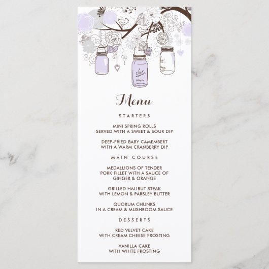 Carte de menu floral Lilac Mason Jars Whimsical (Devant)
