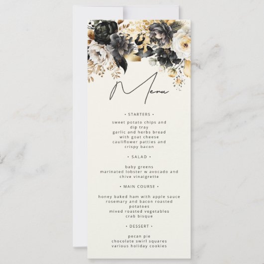 Carte de menu floral Luxe Or Noir (Devant)