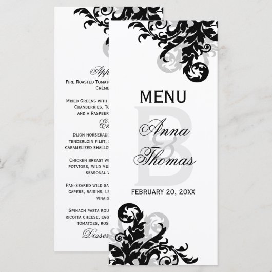 Carte de menu Floral Noir et Argent (Devant / Derrière)