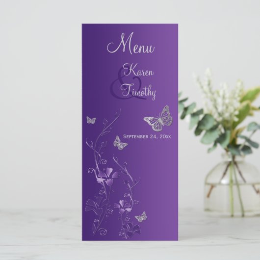 Carte de menu Floral Papillon d'argent violet (Debout devant)