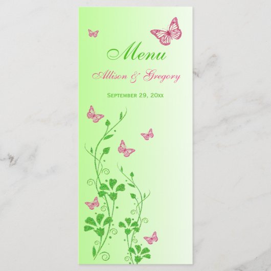 Carte de menu Floral Papillon vert rose (Devant)