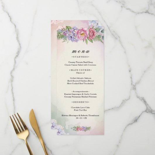 Carte de menu floral rose et violet vibrant (Devant/Arrière en situation)