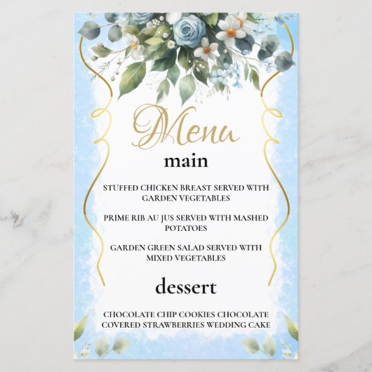 Carte de menu Floral Rustic Blue and Gold (Devant)