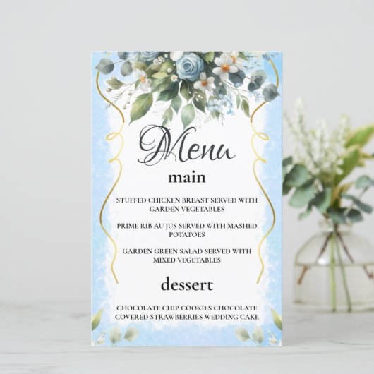Carte de menu Floral Rustic Blue and Gold (Debout devant)