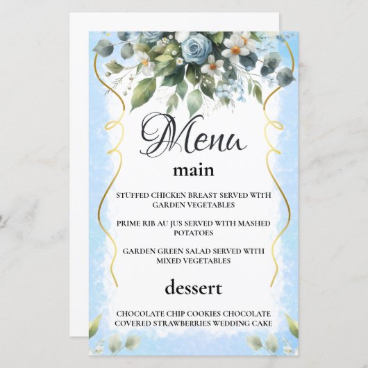 Carte de menu Floral Rustic Blue and Gold (Devant / Derrière)