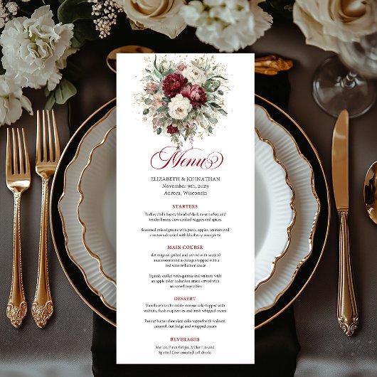 Carte de menu florale boho or Marsala sophistiquée