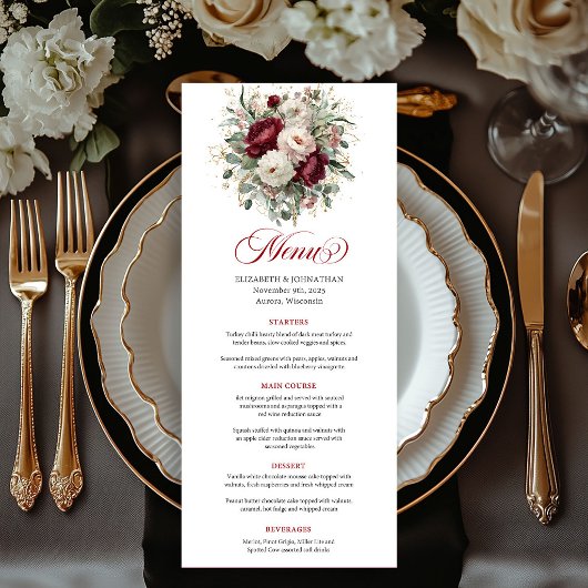 Carte de Menu Florale de Feuillage Rouge Profond T