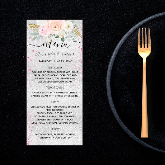 Carte de menu floraux rose argent mariage