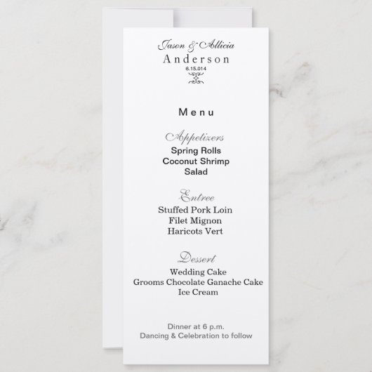 Carte de menu Glace Argentée pour Mariages & Galas (Devant)