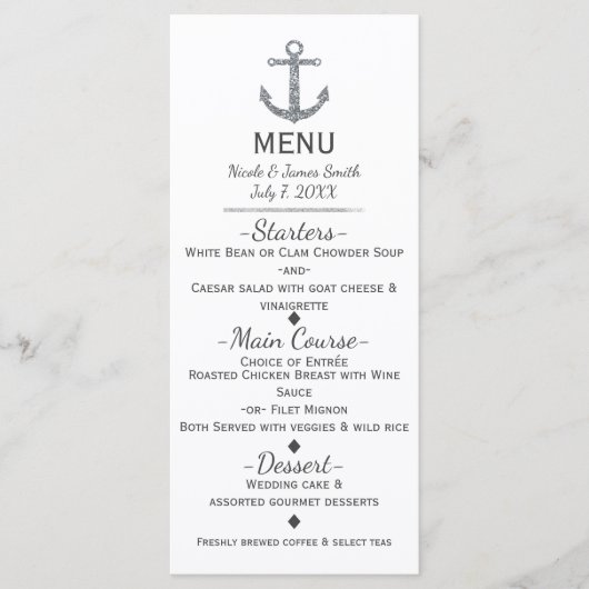 Carte de Menu Glamour Ancre Paillettes Argentées M (Devant)