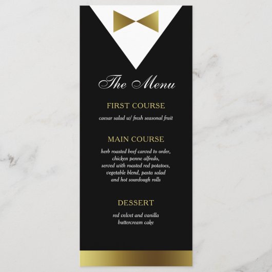 Carte de menu Gold & Black Tuxedo, moderne, formel (Devant)
