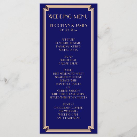 Carte de menu Great Gatsby Art Deco Blue Gold Mari (Devant)