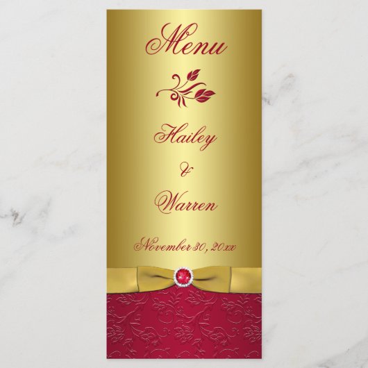 Carte de menu IMPRIMÉE RIBBON Red, Gold Floral (Devant)